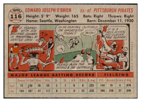 1956 Topps Baseball #116 Eddie O'Brien Pirates EX-MT Gray 528402