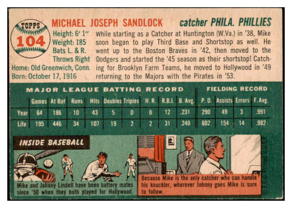1954 Topps Baseball #104 Mike Sandlock Phillies EX 528475