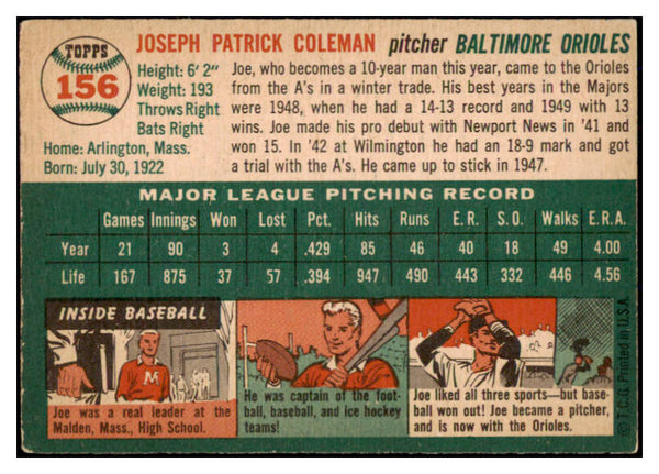 1954 Topps Baseball #156 Joe Coleman Orioles EX 528519