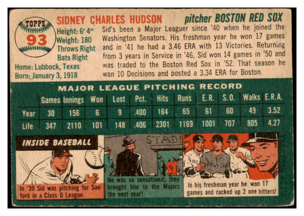 1954 Topps Baseball #093 Sid Hudson Red Sox VG-EX 528534