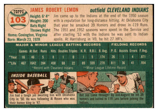 1954 Topps Baseball #103 Jim Lemon Indians VG-EX 528537