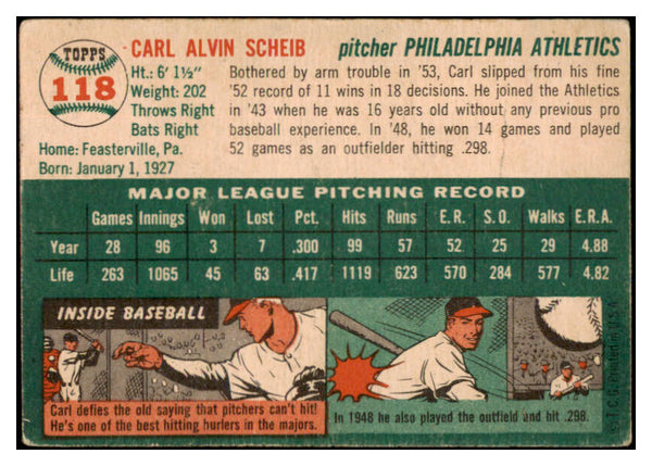1954 Topps Baseball #118 Carl Scheib A's VG-EX 528582