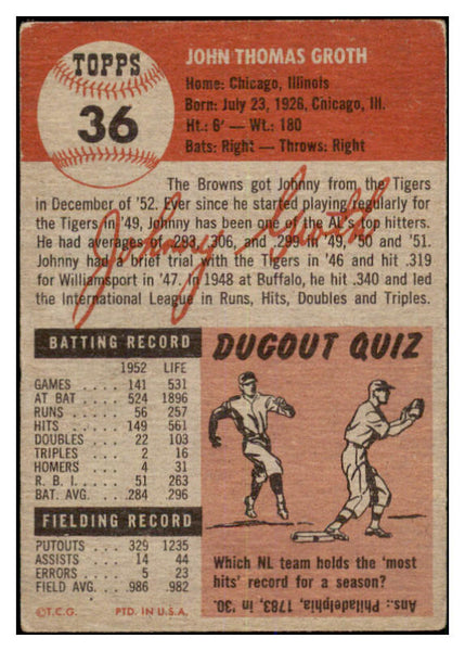 1953 Topps Baseball #036 Johnny Groth Browns EX 528629