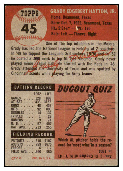 1953 Topps Baseball #045 Grady Hatton Reds EX 528630