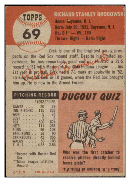 1953 Topps Baseball #069 Dick Brodowski Red Sox EX 528635