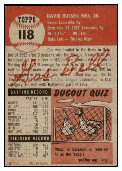 1953 Topps Baseball #118 Gus Bell Reds VG-EX 528663