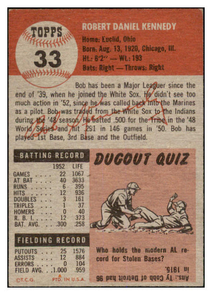 1953 Topps Baseball #033 Bob Kennedy Indians EX-MT 528674