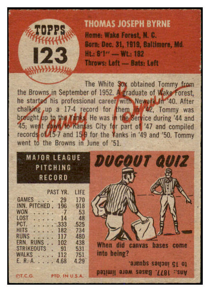 1953 Topps Baseball #123 Tommy Byrne White Sox EX-MT 528683