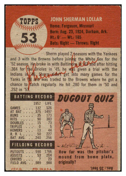 1953 Topps Baseball #053 Sherm Lollar White Sox EX 528709