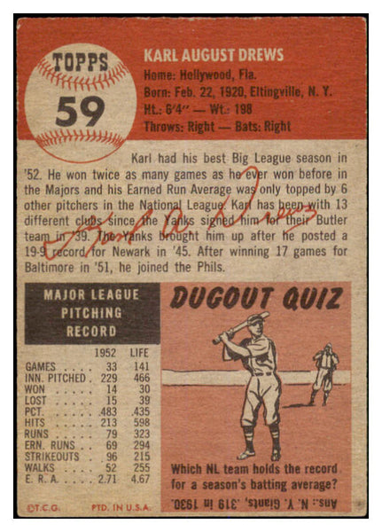 1953 Topps Baseball #059 Karl Drews Phillies EX 528711