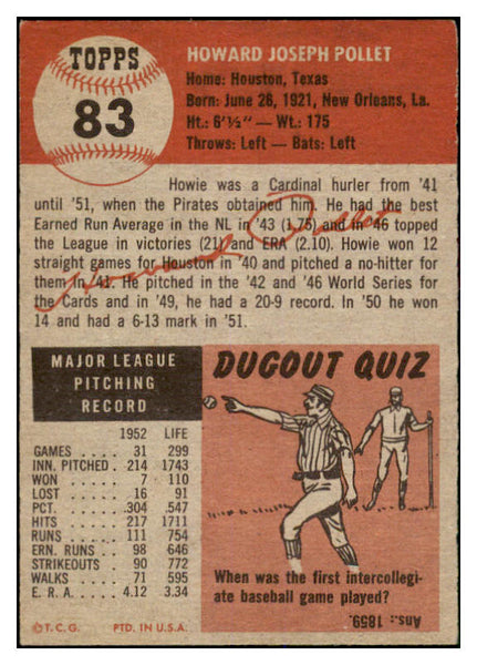 1953 Topps Baseball #083 Howie Pollet Pirates EX 528716