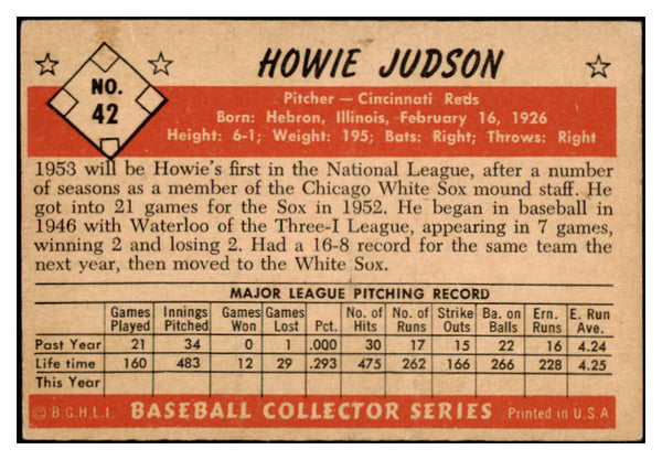 1953 Bowman Black & White Baseball #042 Howie Judson Reds VG-EX 528777