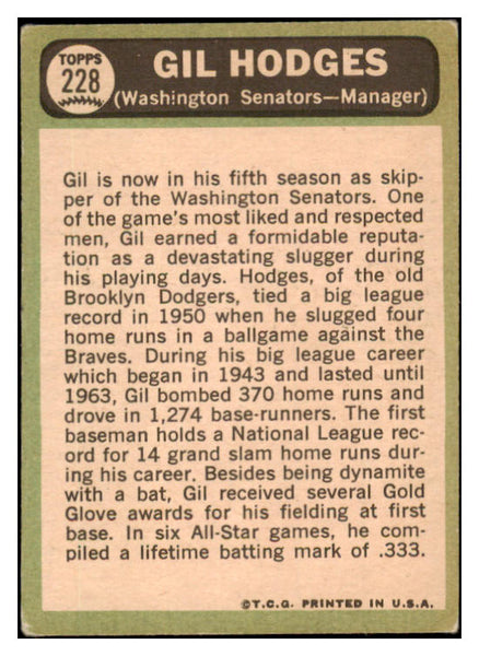 1967 Topps Baseball #228 Gil Hodges Senators VG 528902