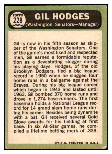 1967 Topps Baseball #228 Gil Hodges Senators VG 528903