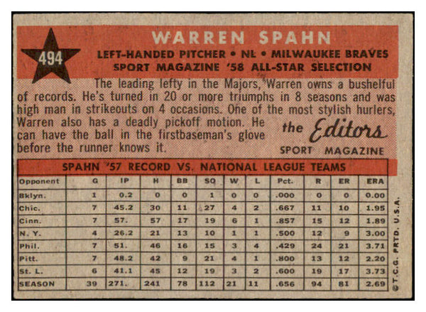 1958 Topps Baseball #494 Warren Spahn A.S. Braves EX+/EX-MT 528977
