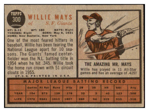 1962 Topps Baseball #300 Willie Mays Giants VG-EX 529008