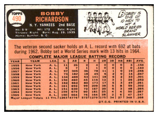 1966 Topps Baseball #490 Bobby Richardson Yankees EX 529049
