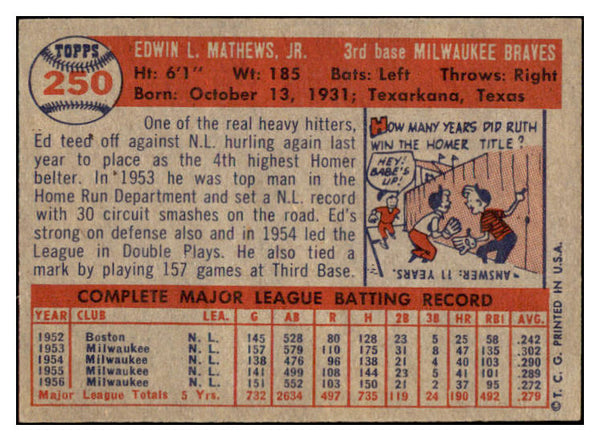 1957 Topps Baseball #250 Eddie Mathews Braves EX-MT 529057