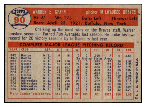 1957 Topps Baseball #090 Warren Spahn Braves EX-MT 529064