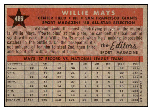 1958 Topps Baseball #486 Willie Mays A.S. Giants EX-MT 529077