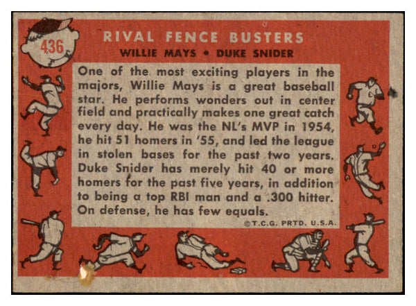 1958 Topps Baseball #436 Willie Mays Duke Snider EX-MT 529081