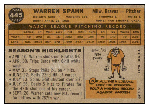 1960 Topps Baseball #445 Warren Spahn Braves VG-EX 529108