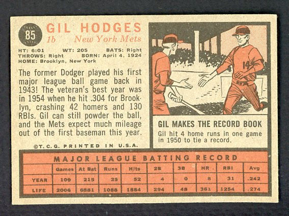 1962 Topps Baseball #085 Gil Hodges Mets EX-MT 529162