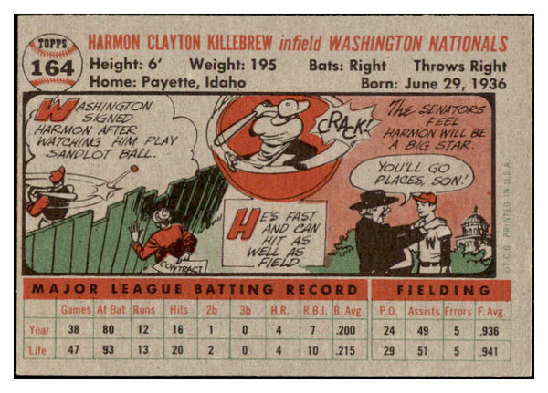 1956 Topps Baseball #164 Harmon Killebrew Senators EX-MT Gray 529283