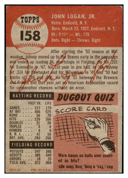 1953 Topps Baseball #158 John Logan Braves VG-EX 529309