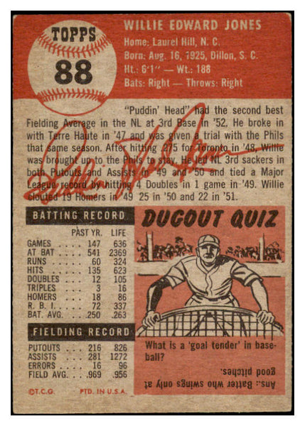 1953 Topps Baseball #088 Willie Jones Phillies EX 529322