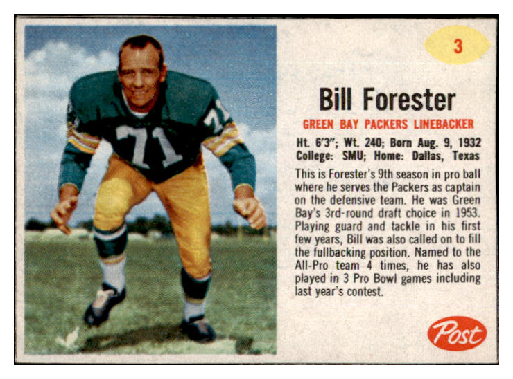 1962 Post Football #003 Bill Forester Packers NR-MT 529340