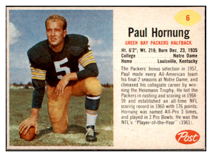 1962 Post Football #006 Paul Hornung Packers EX-MT 529342