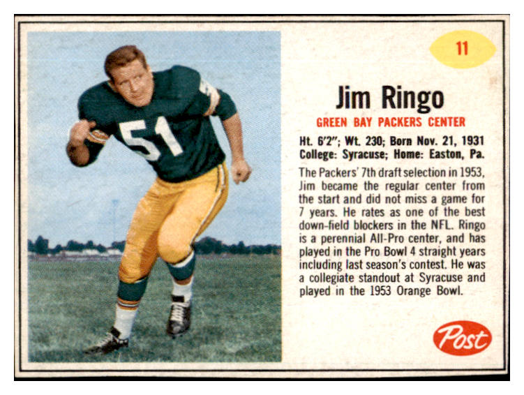 1962 Post Football #011 Jim Ringo Packers NR-MT 529343