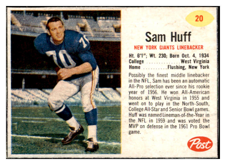 1962 Post Football #020 Sam Huff Giants NR-MT 529345