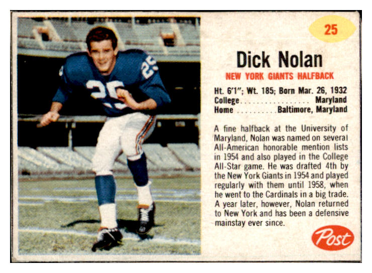 1962 Post Football #025 Dick Nolan Giants EX-MT 529347