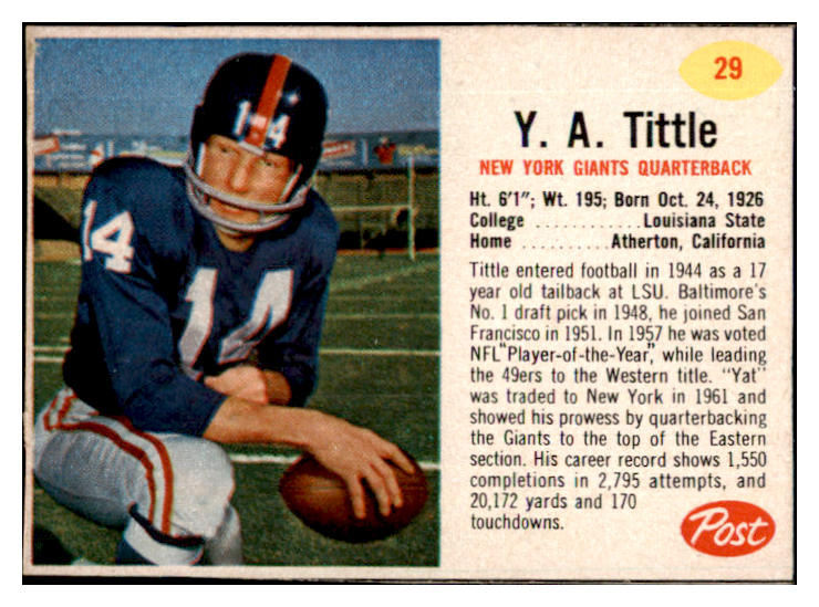 1962 Post Football #029 Y.A. Tittle Giants EX-MT 529348