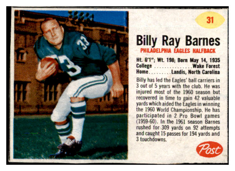 1962 Post Football #031 Billy Barnes Eagles EX 529349