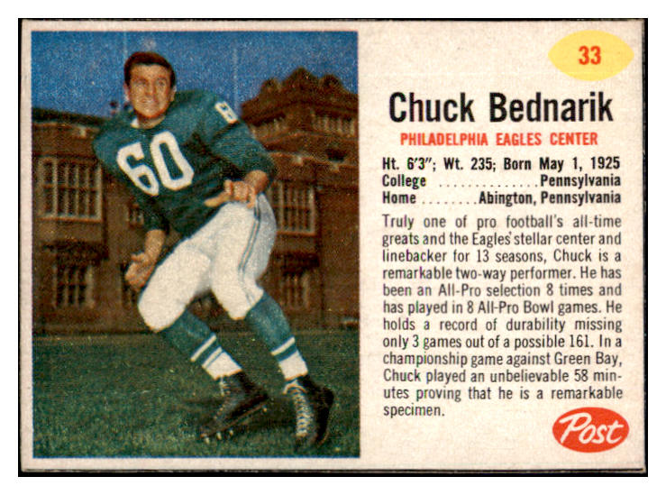 1962 Post Football #033 Chuck Bednarik Eagles EX-MT 529350