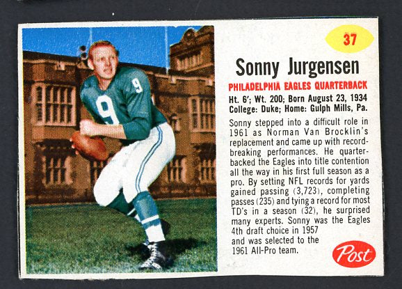 1962 Post Football #037 Sonny Jurgensen Eagles EX-MT 529352