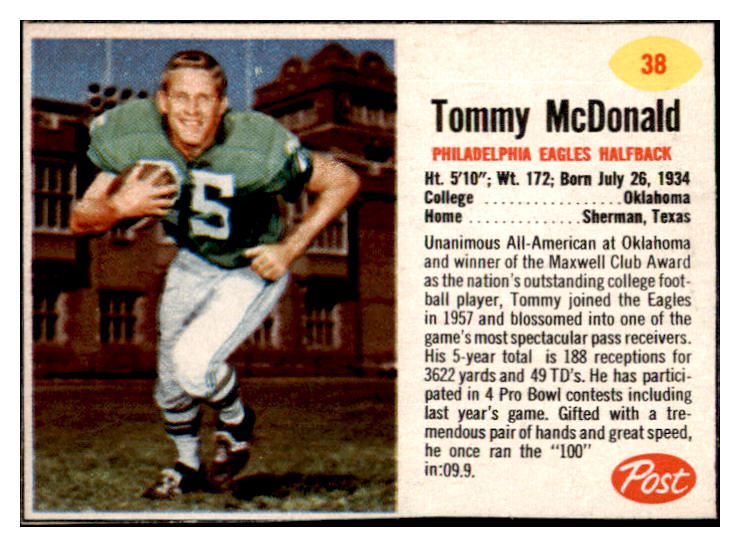 1962 Post Football #038 Tommy McDonald Eagles EX-MT 529353