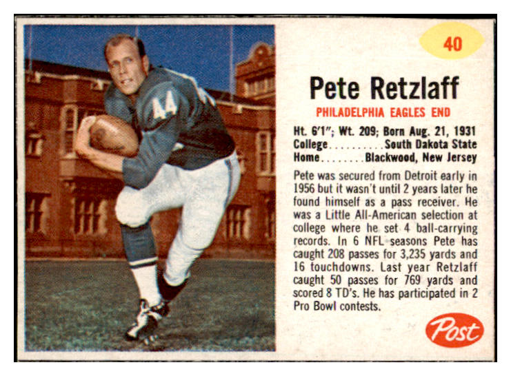 1962 Post Football #040 Pete Retzlaff Eagles EX-MT 529355