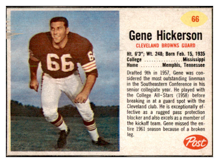 1962 Post Football #066 Gene Hickerson Browns VG-EX 529369