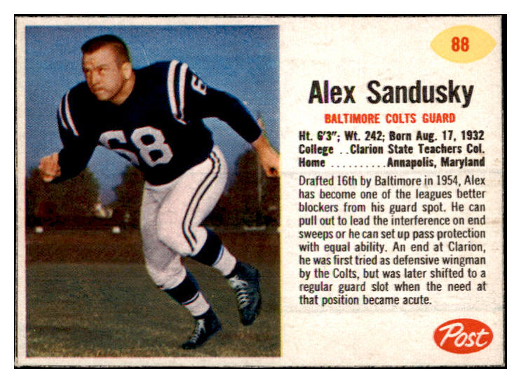 1962 Post Football #088 Alex Sandusky Colts EX 529384