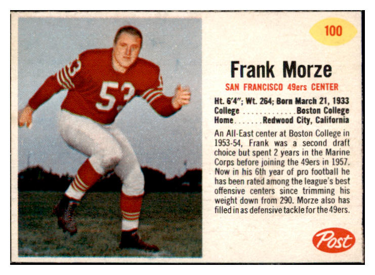 1962 Post Football #100 Frank Morze 49ers NR-MT 529389