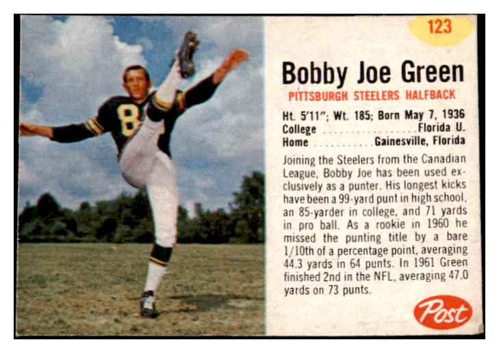 1962 Post Football #123 Bobby Green Steelers GD-VG 529396