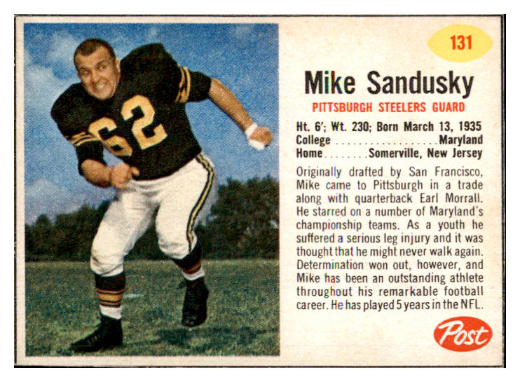 1962 Post Football #131 Mike Sandusky Steelers NR-MT 529406