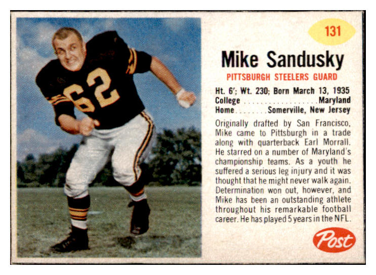 1962 Post Football #131 Mike Sandusky Steelers EX-MT 529407