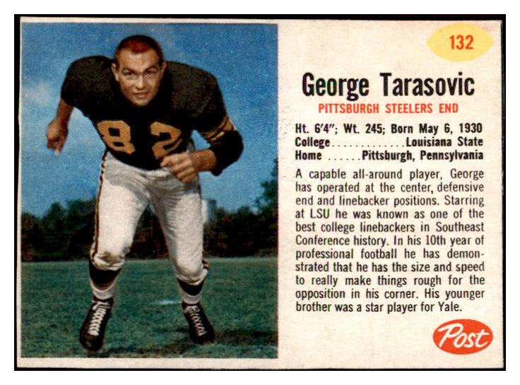 1962 Post Football #132 George Tarasovic Steelers EX 529408