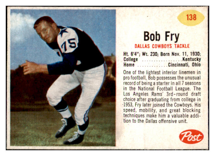 1962 Post Football #138 Bob Fry Cowboys NR-MT 529413