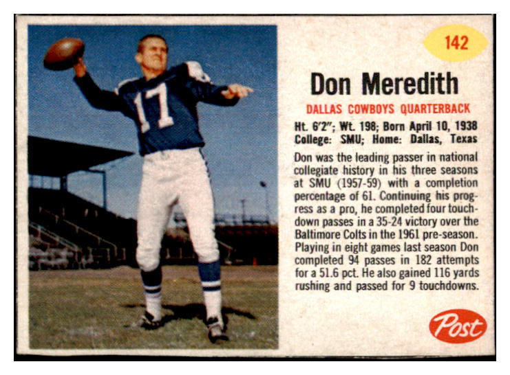 1962 Post Football #142 Don Meredith Cowboys EX-MT 529415